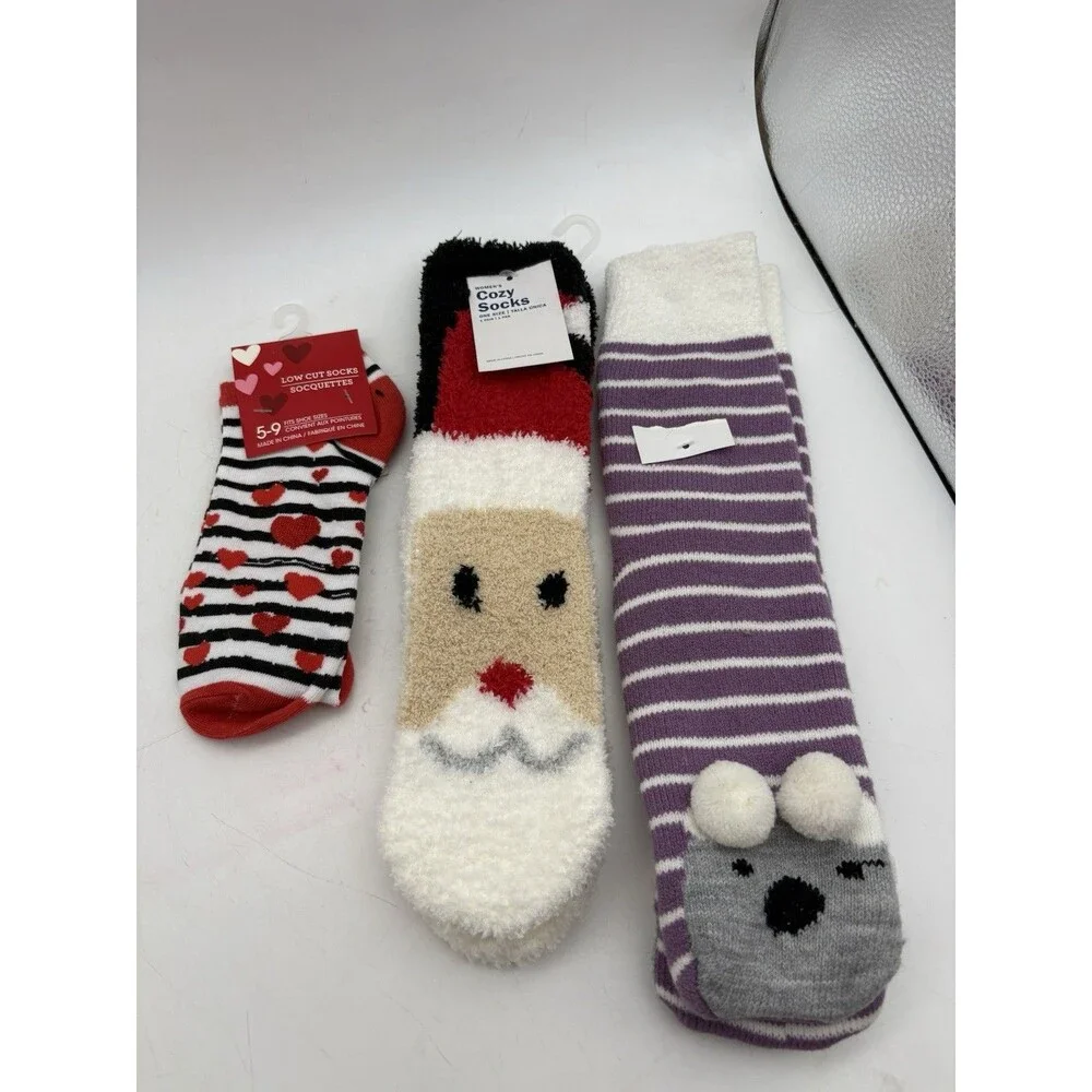 Women’s Cozy Socks Lot 3 Pairs Santa Mouse Hearts Knee High Low Cut New